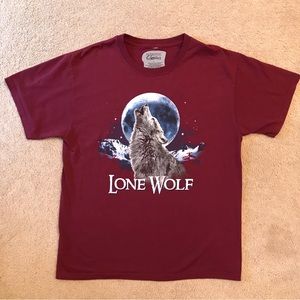 Lone Wolf Graphic T Shirt Mens Large Burgundy Cotton Howling Moon y2k Streetwear